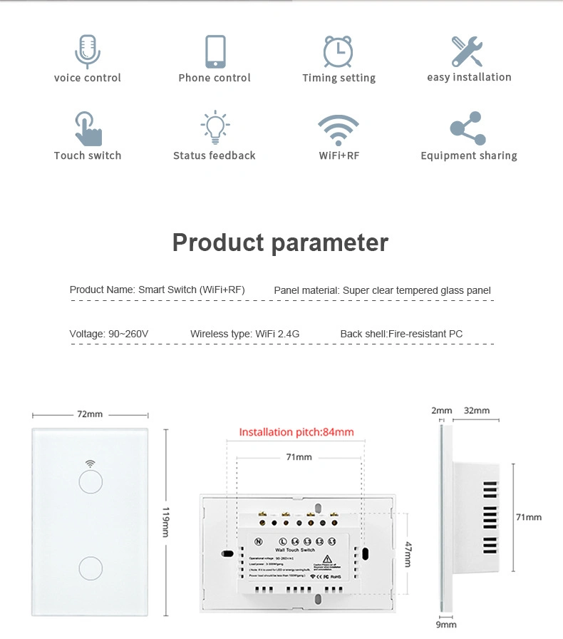 Minco Home Us Standard No Neutral Tuya WiFi+RF Switch Wall Light Control System Wall Smart Switch